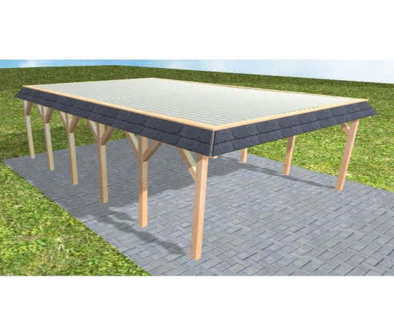 Walmblenden-Doppelcarport Grömitz LT Perfect, 610x879 cm, mit tropfhemmenden Stahl-Trapezplatten, Fichte Leimholz naturbelassen Lang (879 cm) | Trapez-Profil, tropfhemmend | Fichte Leimholz natur