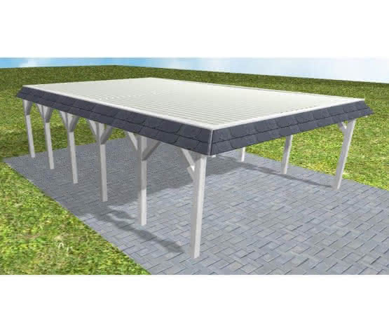 Walmblenden-Doppelcarport Grömitz LT Select, 610x879 cm, mit tropfhemmenden Stahl-Trapezplatten, Fichte Leimholz weiß grundiert Lang (879 cm) | Trapez-Profil, tropfhemmend | Fichte Leimholz weiß