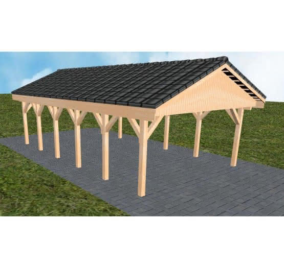 Satteldach-Carport Walsrode LD, 505x903 cm, mit Dachpfannen und Dachrinnen, Fichte Leimholz naturbelassen Lang (903 cm) | komplett | Fichte Leimholz natur