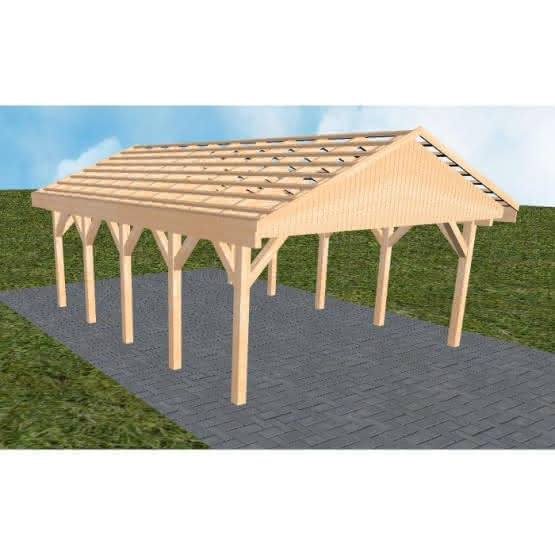 Satteldach-Carport Walsrode MO, 505x723 cm, ohne Dachpfannen und Dachrinnen, Fichte Leimholz naturbelassen Mittel (723 cm) | ohne Pfannen u. Entwässerung | Fichte Leimholz natur
