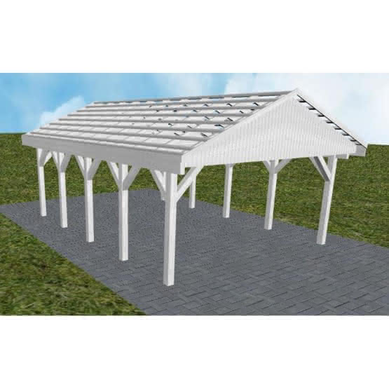 Satteldach-Carport Walsrode MO, 505x723 cm, ohne Dachpfannen und Dachrinnen, Fichte Leimholz weiß grundiert Mittel (723 cm) | ohne Pfannen u. Entwässerung | Fichte Leimholz weiß