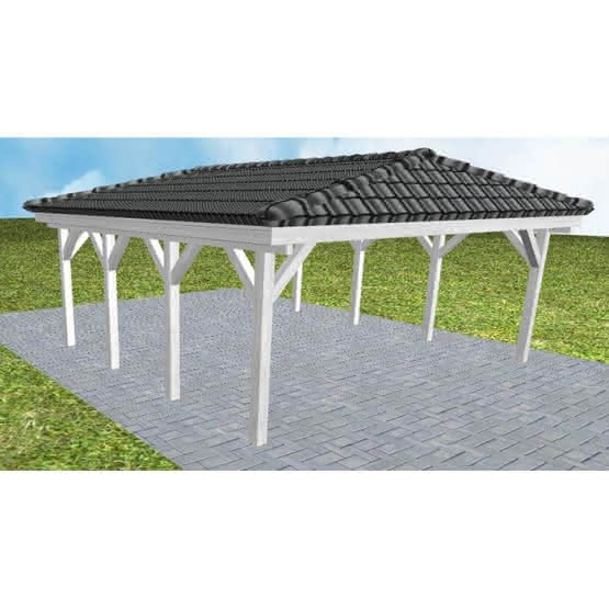 Walmdach-Doppelcarport Keitum KD Select, 605x573 cm, inkl. Dachpfannen und Dachrinnen, Fichte Leimholz weiß grundiert Kurz (573 cm) | komplett | Fichte Leimholz weiß