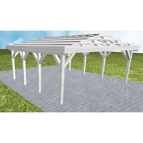 Walmdach-Doppelcarport Keitum KO Select, 605x573 cm, ohne Dachpfannen und Dachrinnen, Fichte Leimholz weiß grundiert Kurz (573 cm) | ohne Pfannen u. Entwässerung | Fichte Leimholz weiß