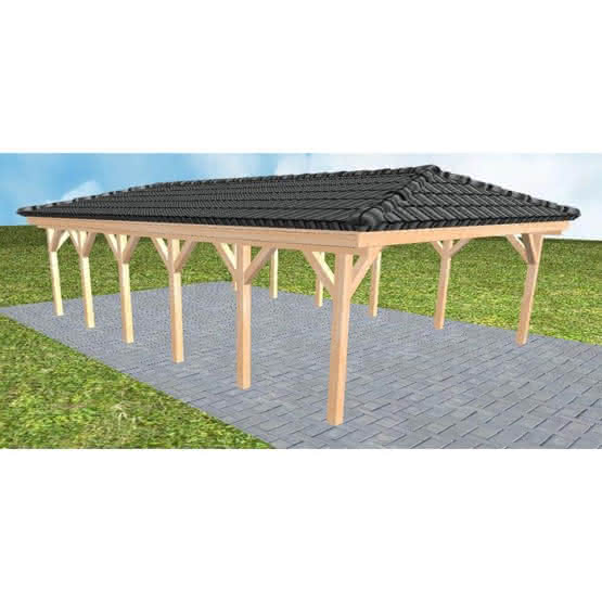 Walmdach-Doppelcarport Keitum LD Perfect, 605x903 cm, inkl. Dachpfannen und Dachrinnen, Fichte Leimholz naturbelassen Lang (903 cm) | komplett | Fichte Leimholz natur
