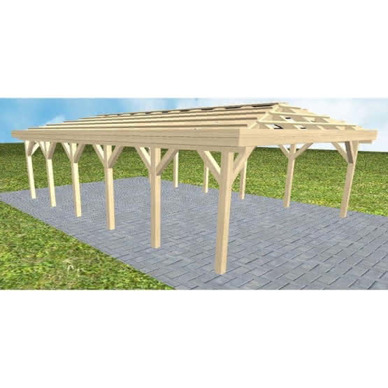 Walmdach-Doppelcarport Keitum LO Master, 605x903 cm, ohne Dachpfannen und Dachrinnen, Fichte KVH naturbelassen Lang (903 cm) | ohne Pfannen u. Entwässerung | Fichte KVH natur