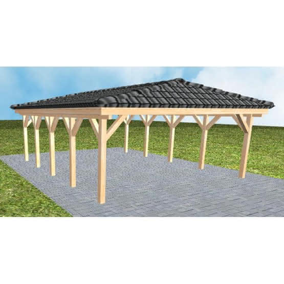 Walmdach-Doppelcarport Keitum MD Perfect, 605x723 cm, inkl. Dachpfannen und Dachrinnen, Fichte Leimholz naturbelassen Mittel (723 cm) | komplett | Fichte Leimholz natur
