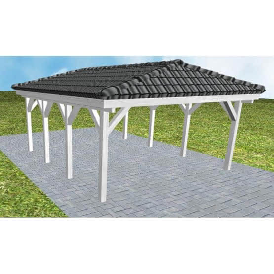 Carport mit Walmdach Kiel KD Select, 505x573 cm, inkl. Dachpfannen und Dachrinnen, Fichte Leimholz weiß grundiert Kurz (573 cm) | komplett | Fichte Leimholz weiß