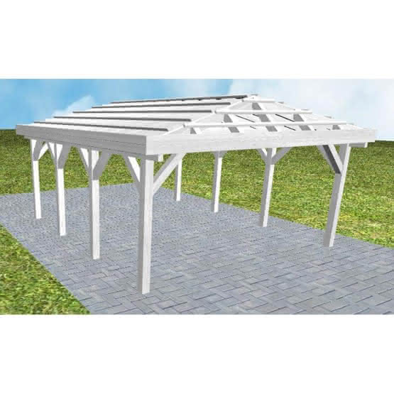 Carport mit Walmdach Kiel KO Select, 505x573 cm, ohne Dachpfannen und Dachrinnen, Fichte Leimholz weiß grundiert Kurz (573 cm) | ohne Pfannen u. Entwässerung | Fichte Leimholz weiß