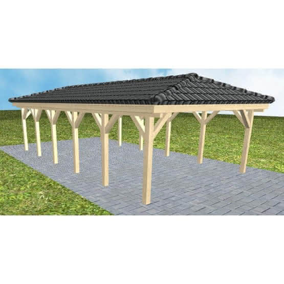 Carport mit Walmdach Kiel LD Master, 505x903 cm, inkl. Dachpfannen und Dachrinnen, Fichte KVH naturbelassen Lang (903 cm) | komplett | Fichte KVH natur