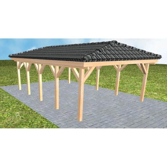 Carport mit Walmdach Kiel MD Perfect, 505x723 cm, inkl. Dachpfannen und Dachrinnen, Fichte Leimholz naturbelassen Mittel (723 cm) | komplett | Fichte Leimholz natur