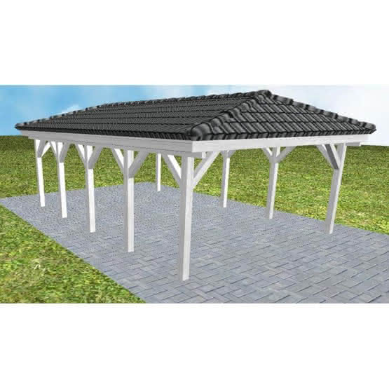 Carport mit Walmdach Kiel MD Select, 505x723 cm, inkl. Dachpfannen und Dachrinnen, Fichte Leimholz weiß grundiert Mittel (723 cm) | komplett | Fichte Leimholz weiß