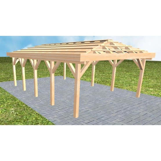 Carport mit Walmdach Kiel MO Perfect, 505x723 cm, ohne Dachpfannen und Dachrinnen, Fichte Leimholz naturbelassen Mittel (723 cm) | ohne Pfannen u. Entwässerung | Fichte Leimholz natur