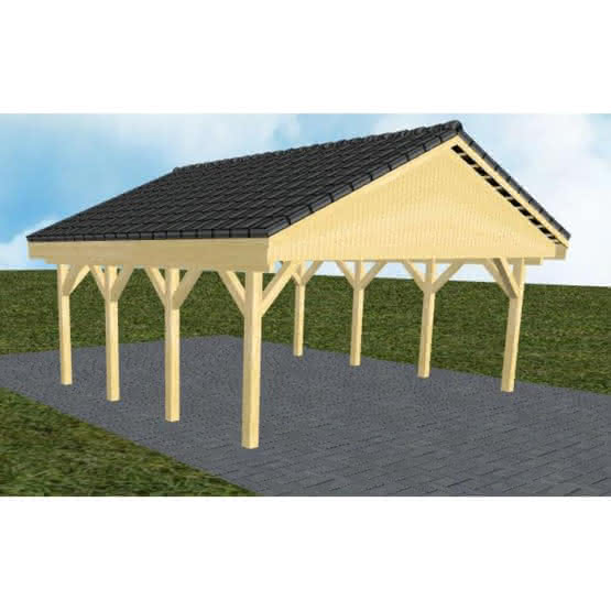 Doppelcarport mit Satteldach Würzburg KD, 605x573 cm, mit Dachpfannen und Dachrinnen, Kiefer KDI-grün Kurz (573 cm) | komplett | Kiefer KDI