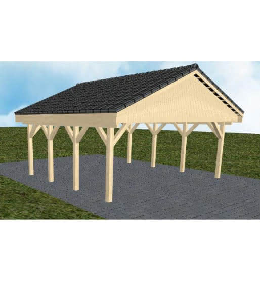 Doppelcarport mit Satteldach Würzburg KD, 605x573 cm, mit Dachpfannen und Dachrinnen, Fichte KVH naturbelassen Kurz (573 cm) | komplett | Fichte KVH natur