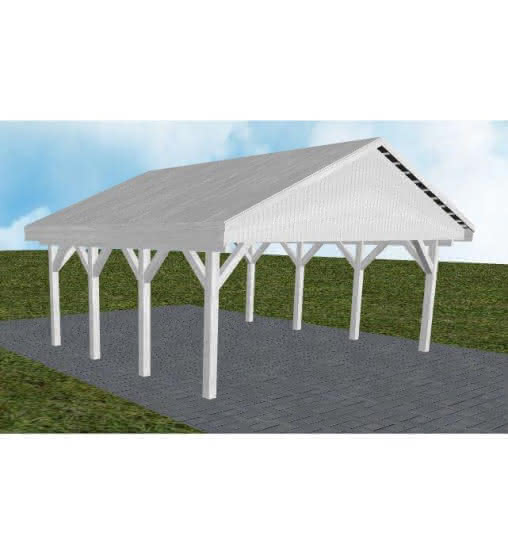 Doppelcarport mit Satteldach Würzburg KG, 605x573 cm, vorbereitet für Grünbedachung, Fichte Leimholz weiß grundiert Kurz (573 cm) | vorbereitet für Gründach | Fichte Leimholz weiß
