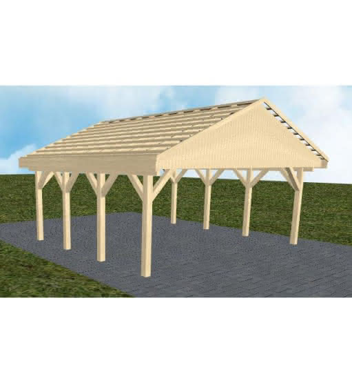 Doppelcarport mit Satteldach Würzburg KO, 605x573 cm, ohne Dachpfannen und Dachrinnen, Fichte KVH naturbelassen Kurz (573 cm) | ohne Pfannen u. Entwässerung | Fichte KVH natur
