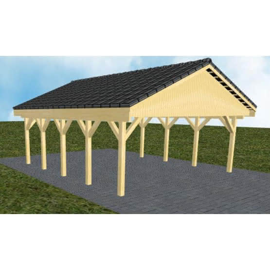 Doppelcarport mit Satteldach Würzburg MD, 605x723 cm, mit Dachpfannen und Dachrinnen, Kiefer KDI-grün Mittel (723 cm) | komplett | Kiefer KDI