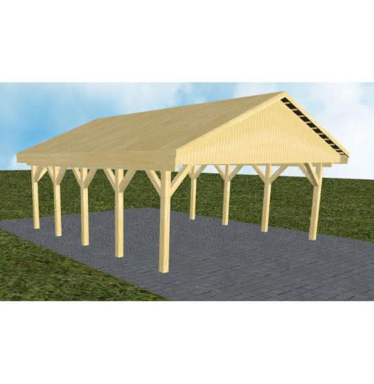 Doppelcarport mit Satteldach Würzburg MG, 605x723 cm, vorbereitet für Grünbedachung, Kiefer KDI-grün Mittel (723 cm) | vorbereitet für Gründach | Kiefer KDI