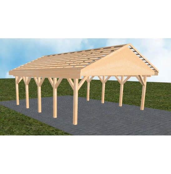 Doppelcarport mit Satteldach Würzburg MO, 605x723 cm, ohne Dachpfannen und Dachrinnen, Fichte Leimholz naturbelassen Mittel (723 cm) | ohne Pfannen u. Entwässerung | Fichte Leimholz natur