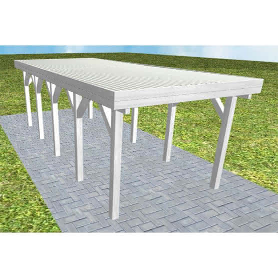 Einzelcarport Bergen MT Select, 293x717 cm, mit tropfhemmenden Stahl-Trapezplatten, Fichte Leimholz weiß grundiert Mittel (717 cm) | Trapez-Profil, tropfhemmend | Fichte Leimholz weiß