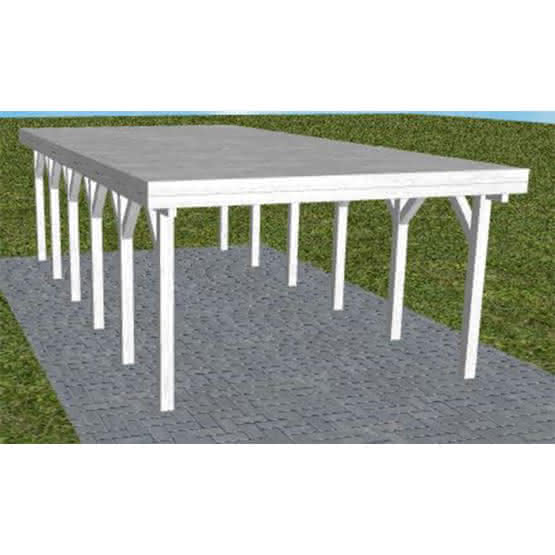 Carport mit Flachdach aus Massivholz  Lang (879 cm) | vorbereitet für Gründach | Fichte Leimholz weiß