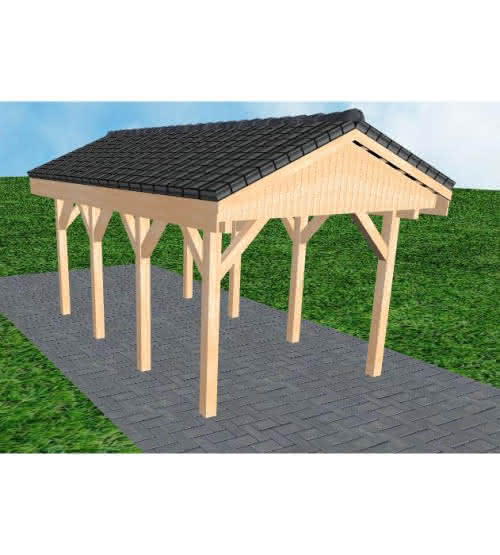 Joda® Satteldach-Carport Wedel KD, 305x573 cm, mit Dachpfannen und Dachrinnen, Fichte Leimholz naturbelassen Kurz (573 cm) | komplett | Fichten Leimholz natur