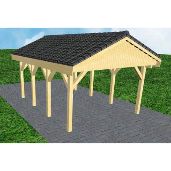 Joda® Satteldach-Carport Wismar KD, 405x573 cm, mit Dachpfannen und Dachrinnen, Kiefer KDI-grün Kurz (573 cm) | komplett | Kiefer KDI