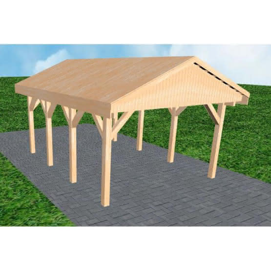 Joda® Satteldach-Carport Wismar KG, 405x573 cm, vorbereitet für Grünbedachung, Fichte Leimholz naturbelassen Kurz (573 cm) | Grünbedachung/Basis | Fichte Leimholz natur