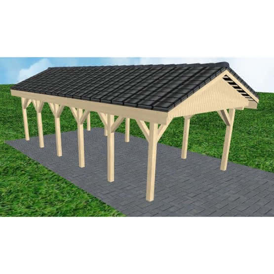 Joda® Satteldach-Carport Wismar LD, 405x903 cm, mit Dachpfannen und Dachrinnen, Fichte KVH naturbelassen Lang (903 cm) | komplett | Fichte KVH natur