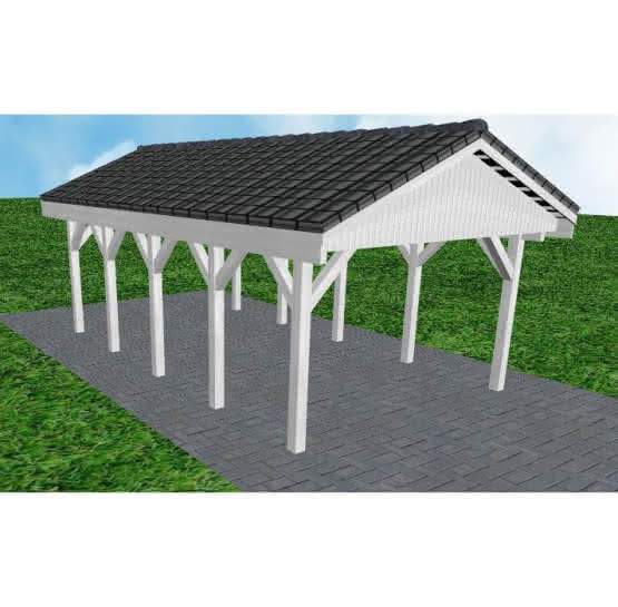 Joda® Satteldach-Carport Wismar MD, 405x723 cm, mit Dachpfannen und Dachrinnen, Fichte Leimholz weiß grundiert Mittel (723 cm) | komplett | Fichte Leimholz weiß