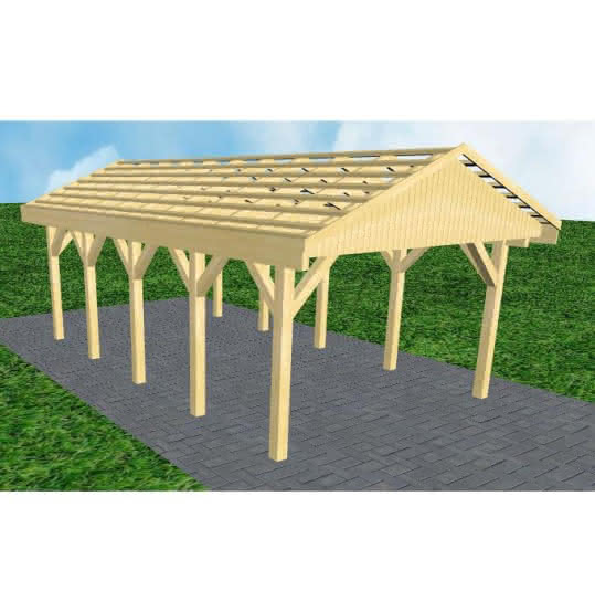 Joda® Satteldach-Carport Wismar MO, 405x723 cm, ohne Dachpfannen und Dachrinnen, Kiefer KDI-grün Mittel (723 cm) | ohne Pfannen u. Entwässerung | Kiefer KDI