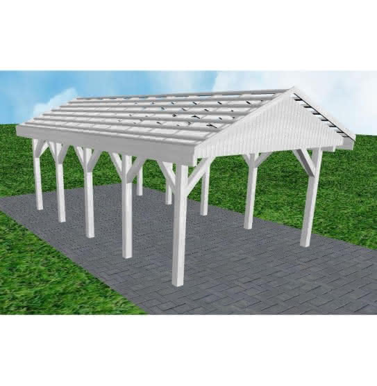 Joda® Satteldach-Carport Wismar MO, 405x723 cm, ohne Dachpfannen und Dachrinnen, Fichte Leimholz weiß grundiert Mittel (723 cm) | ohne Pfannen u. Entwässerung | Fichte Leimholz weiß