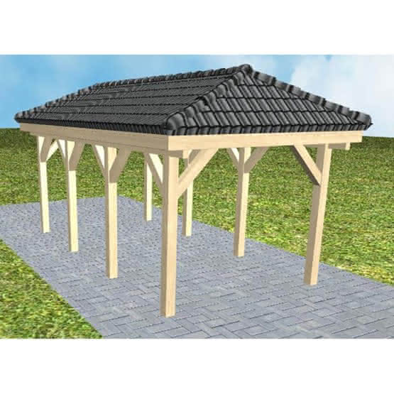 Walmdach-Carport Kappeln KD Master, 305x573 cm, inkl. Dachpfannen und Dachrinnen, Fichte KVH naturbelassen Kurz (573 cm) | komplett | Fichte KVH natur
