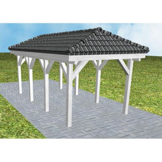 Walmdach-Carport Kappeln KD Select, 305x573 cm, inkl. Dachpfannen und Dachrinnen, Fichte Leimholz weiß grundiert Kurz (573 cm) | komplett | Fichte Leimholz weiß