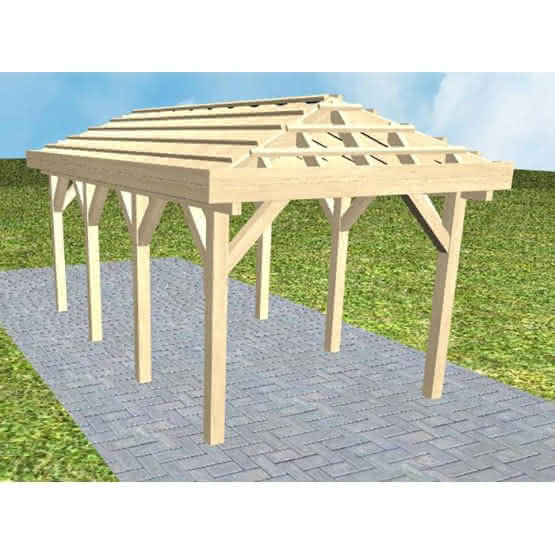 Walmdach-Carport Kappeln KO Master, 305x573 cm, ohne Dachpfannen und Dachrinnen, Fichte KVH naturbelassen Kurz (573 cm) | ohne Pfannen u. Entwässerung | Fichte KVH natur