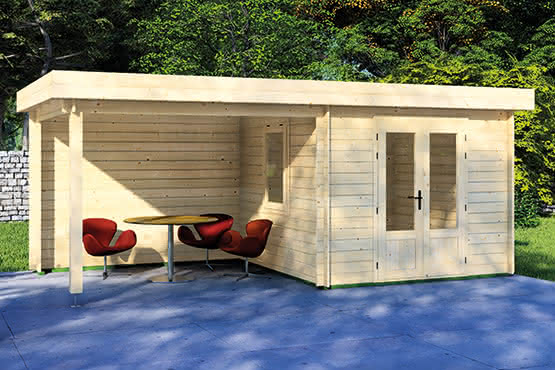 Blockbohlen Gartenhaus Valen mit Unterstand 577 x 277 cm 