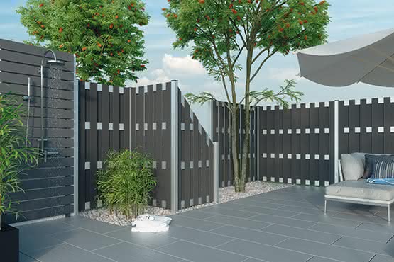 Kansas City WPC Sichtschutz 90x180 cm, Tür DIN links, Anthrazit/ Silber 90 x 180 DIN links | WPC Anthrazit/Silber