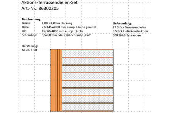 Günstig: Terrassendielen-Set 4,00x4,00 m aus 27x145 mm europ. Lärche genutet 