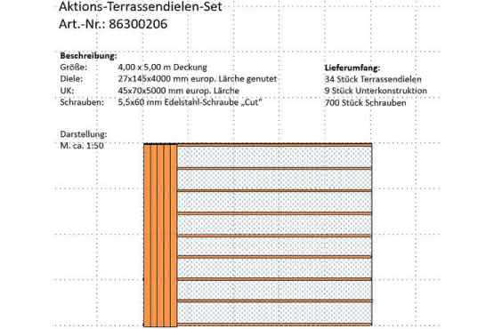 Günstig: Terrassendielen-Set 4,00x5,00 m aus 27x145 mm europ. Lärche genutet 