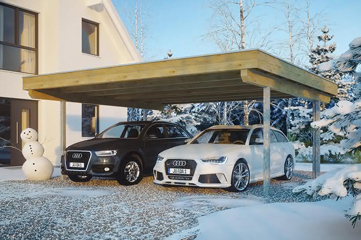 Flachdach Doppel-Carport Freiburg mit Stahlstützen, 601x556 cm, mit tropfhemmenden Stahl-Trapezplatten, Fichte Leimholz weiß grundiert 556 cm | Trapez-Profil, tropfhemmend | Fichte Leimholz weiß