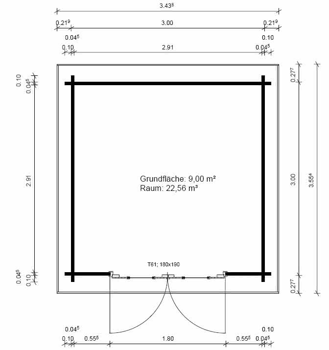 Gartenhaus mit Tonnendach 300 x 300 cm | 45 mm