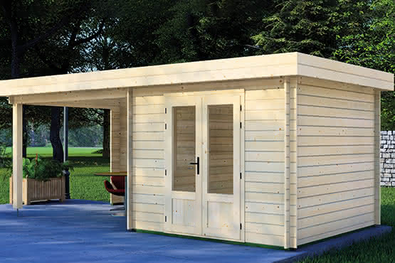 Blockbohlen Gartenhaus Valen mit Unterstand 577 x 277 cm 