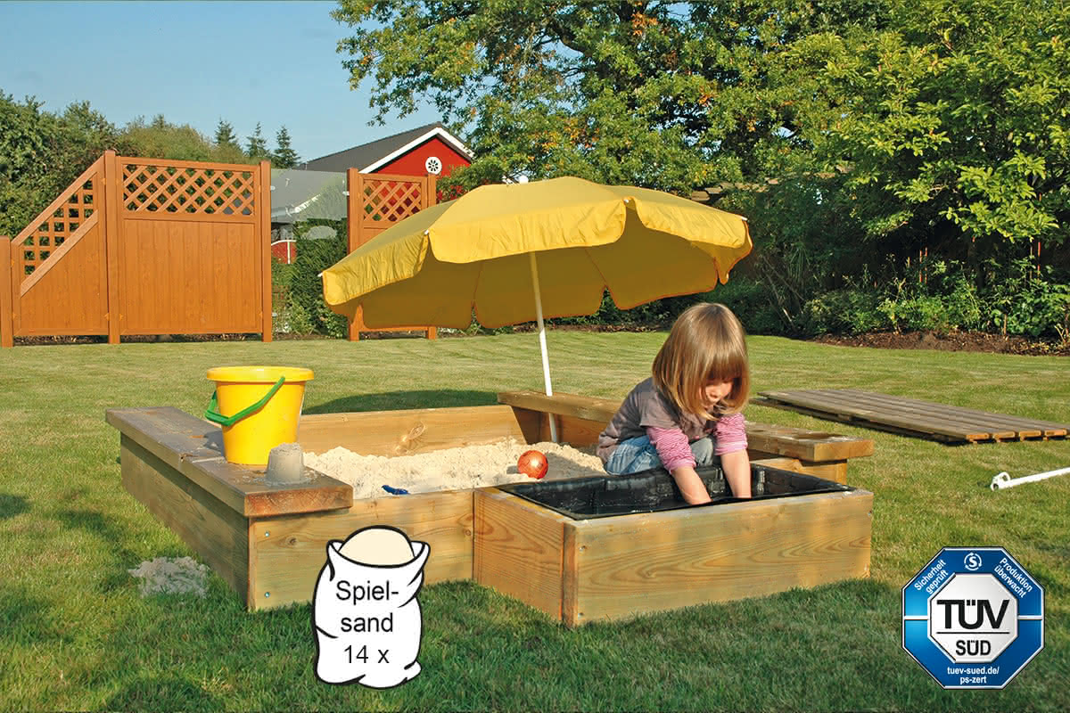 Sandkiste Moritz mit Holzabdeckung, optional mit Matschfach 