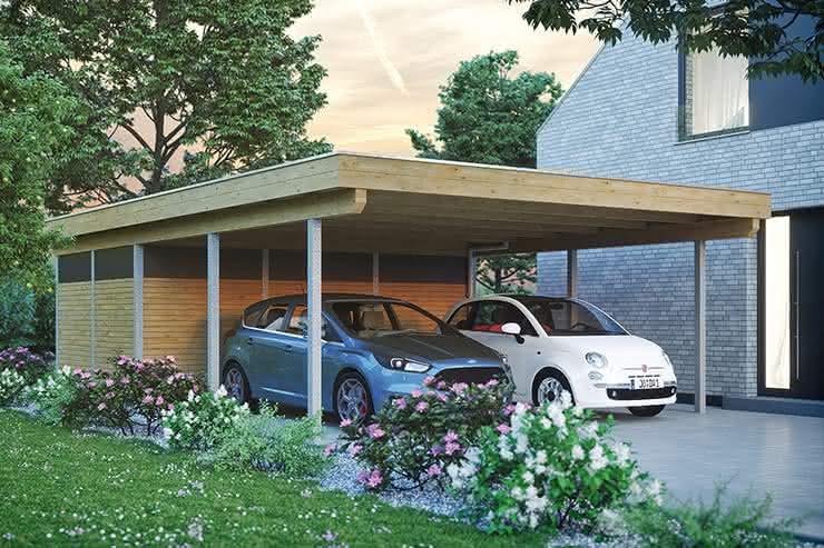 Flachdach Doppel-Carport Freiburg mit Stahlstützen, 601x556 cm, mit tropfhemmenden Stahl-Trapezplatten, Fichte Leimholz weiß grundiert 556 cm | Trapez-Profil, tropfhemmend | Fichte Leimholz weiß