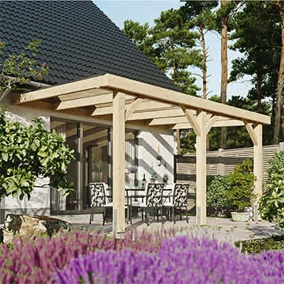 Günstig: Terrassenüberdachung mit Stegplatten und Holzstützen, 507 x 314 cm, Fichte Leimholz NSI weiß grundiert Fichte Leimholz weiß