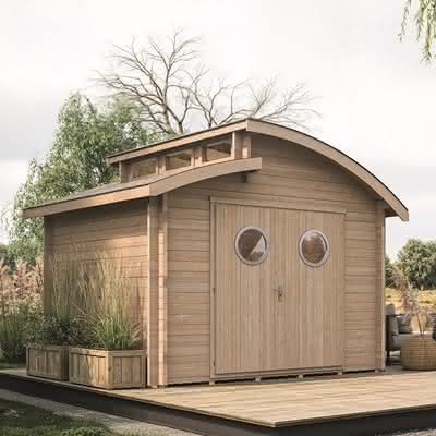 Design Gartenhaus Nautic - freche Bullaugen unter einem extra hohen Shed-Dach 