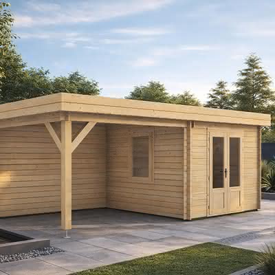 Blockbohlen Gartenhaus Valen mit Unterstand 577 x 277 cm 