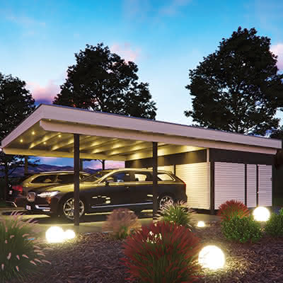 Flachdach Doppel-Carport Freiburg mit Stahlstützen, 605x879 cm, mit EPDM-Foliendach, Lärche naturbelassen 879 cm | Foliendach | Lärche natur