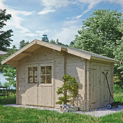 Holz Gartenhaus mit Anbau Chalet Plus 398x368 cm in 45 mm 398 x 368 cm | 45 mm