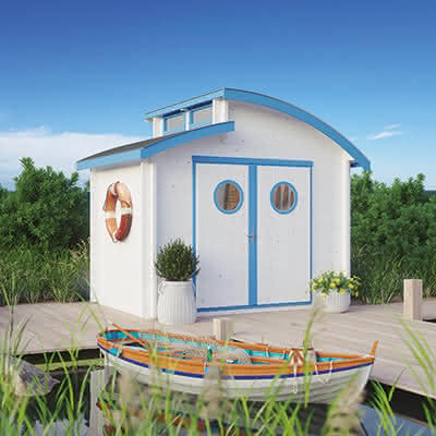 Design Gartenhaus Nautic - freche Bullaugen unter einem extra hohen Shed-Dach 